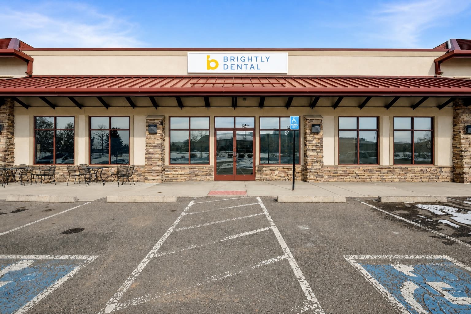 Brightly Dental Parker West exterior and suite 102 entrance